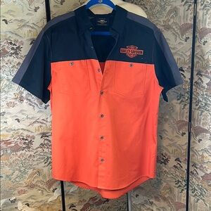 HARLEY DAVIDSON METAL BUTTON UP SHORT SLEEVE ORANGE COLOR BLOCK SHIRT SZ L